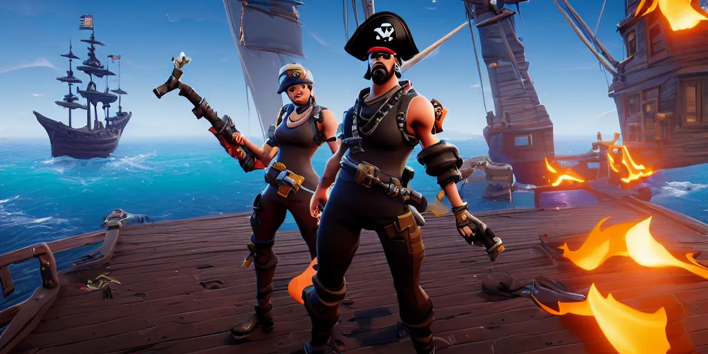 Image similar to A screenshot of a fortnite pirate standing on the front of the ghost ship with the black Jolly Roger flag, the ghost ship is in the middle of the ocean, in Fortnite, extremely detailed, pirate portrait, fantasy art overwatch and heartstone, cgsociety, artstation hq, octane render, 8k, stylized 3D CGI art , 3D, Unreal Engine, 4K UHD, RTX, DLSS,