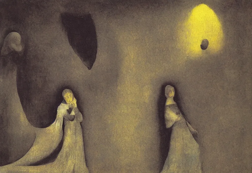 Prompt: the annunciation, by Odilon Redon, by Francisco Goya, by M.C. Escher, oil on canvas, beautiful, eerie, surreal, colorful