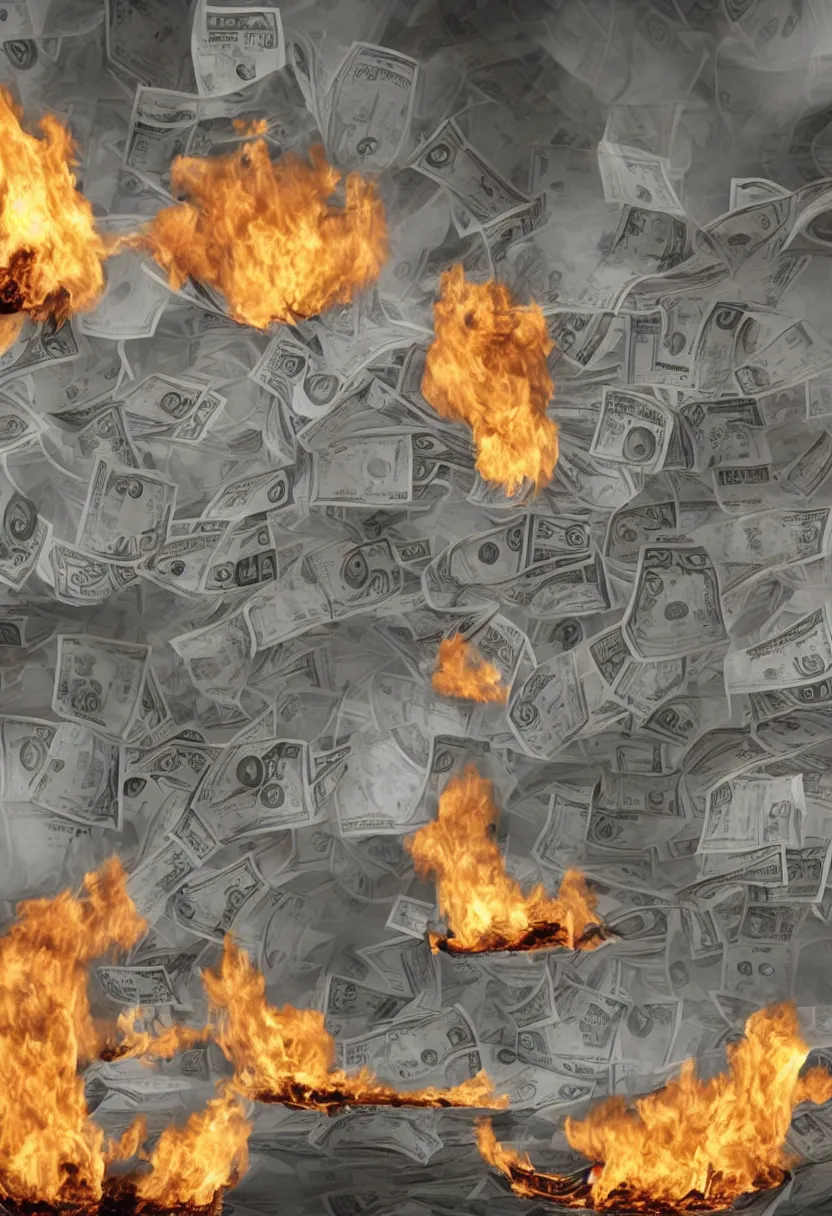 Image similar to an infinite recursion bank burning, some bills float in the air