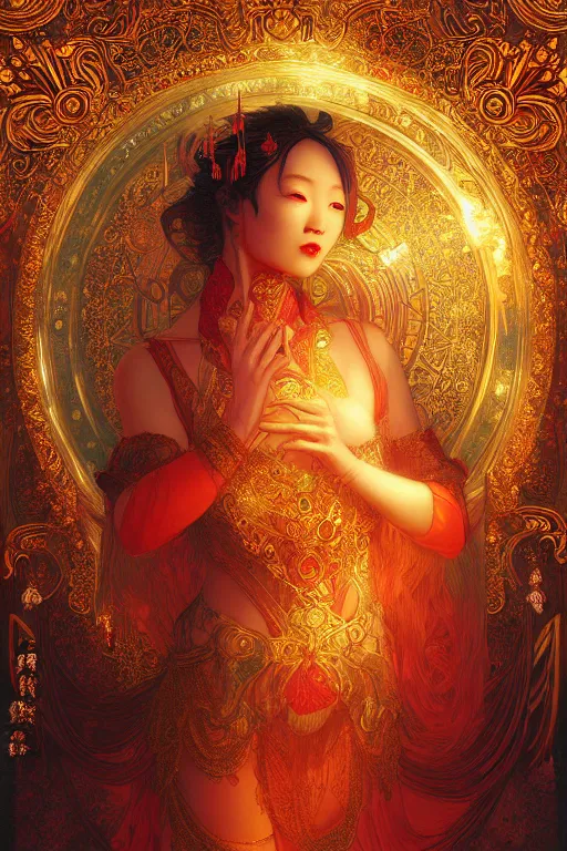 Image similar to tarot card artstation, portrait of an asian love dancer, sunrise, baroque ornamnet and rococo ornament, ancient chinese ornate, hyperdetailed, beautiful lighting, craig mullins, mucha, klimt, yoshitaka amano, red and gold and orange color palatte