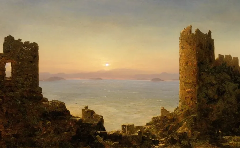 Image similar to ruins of a castle on a hill overlooking the ocean, close up shot, rocky, at dusk, distant mountains, 4k, rule of thirds, extreme detail, hazy water, intricate ink illustration, trending on artstation, cgsociety, hd, calm, complimentary colours, realistic lighting, by Albert Bierstadt, Frederic Edwin Church.