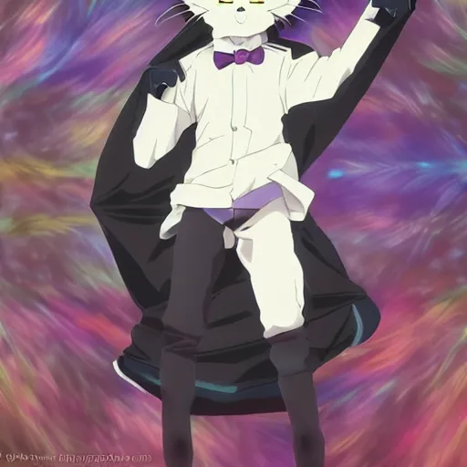 Image similar to anime cat boy dressed in black, inside a sleeping bag, psychedelic, highly detailed upper body, professionally post - processed, beautiful, epic, anime masterpiece, ilya