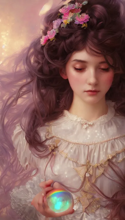 Prompt: portrait of magical lolita girl, dreamy and ethereal, soft eyes, peaceful expression, ornate frilly dress, fantasy, intricate, elegant, rainbow bubbles, highly detailed, digital painting, artstation, concept art, smooth, sharp focus, illustration, art by artgerm and greg rutkowski and alphonse mucha