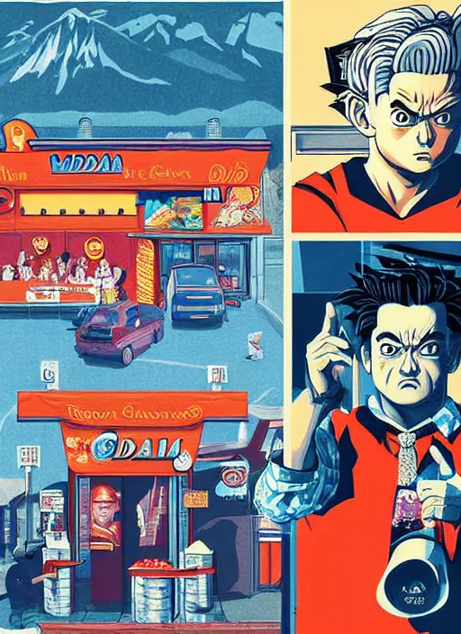 Image similar to Twin Peaks art, of Goku standing in line at McDonalds wanting to order a Big Mac, poster artwork by Sam Weber, Laurent Durieux from scene from Twin Peaks, from scene from Twin Peaks, clean, New Yorker magazine cover