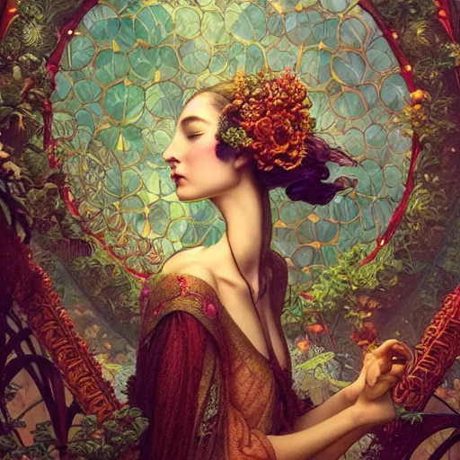 Image similar to absolutely beautiful princess, intricate, elegant, hyper detailed, smooth, sharp focus, award - winning, masterpiece, in the bloom greenhouse, atmospheric lighting, perfect shadow, in the style of tom bagshaw, cedric peyravernay, peter mohrbacher, louis comfort tiffany, victo ngai, pinterest, 4 k hd illustrative wallpaper, chinese style