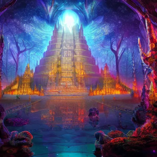 Image similar to a biggest temple of the universe in the magical world, magical creatures worshipping their god, sharp image , photo realistic, foggy ,hyperreal, hyperdetailed, 8k , glowing effect