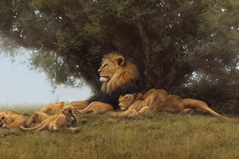 Prompt: lion and cubs resting under a tree in the morning, beautiful painting, greg rutkowski, james gurney, artstation.