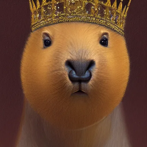 Image similar to a portrait of a capybara in a palace wearing a crown, oil painting, art station, concept art, 4k, 8k