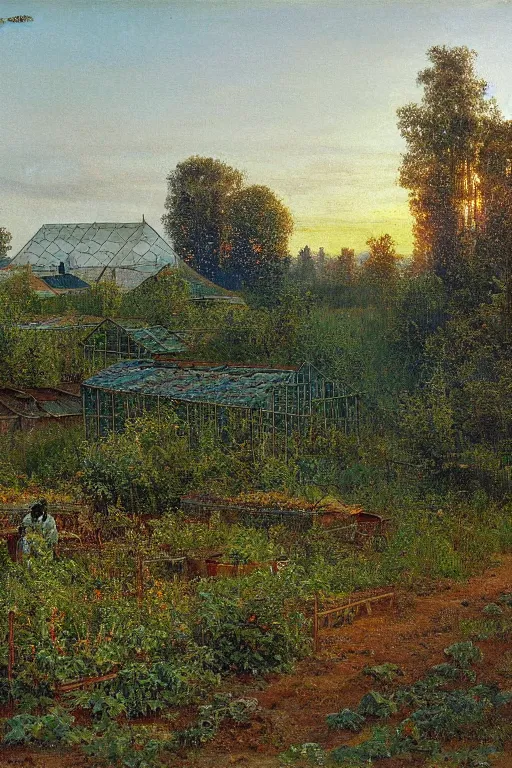 Image similar to greenhouse with harvest at sunrise painting by ivan shishkin