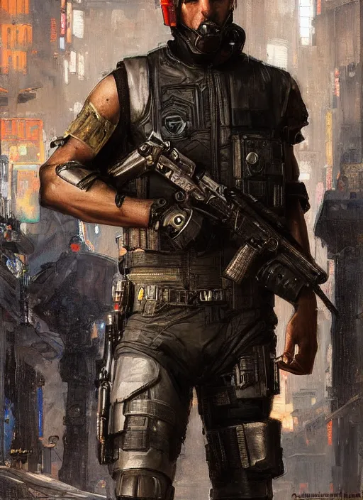 Image similar to 🤿🎧🚧 cyberpunk police trooper in a military vest ( blade runner 2 0 4 9, cyberpunk 2 0 7 7 ). orientalist portrait by john william waterhouse and james gurney and theodore ralli and nasreddine dinet, oil on canvas. cinematic, hyper realism, realistic proportions, dramatic lighting, high detail 4 k