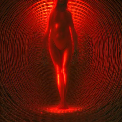Image similar to photo of a woman wrapped around by tubes and cables, glowing red, by Edgar Maxence and Ross Tran, Zdzisław Beksiński, and Michael Whelan, distant, gustav dore, H.R. Giger, 8k, octane render