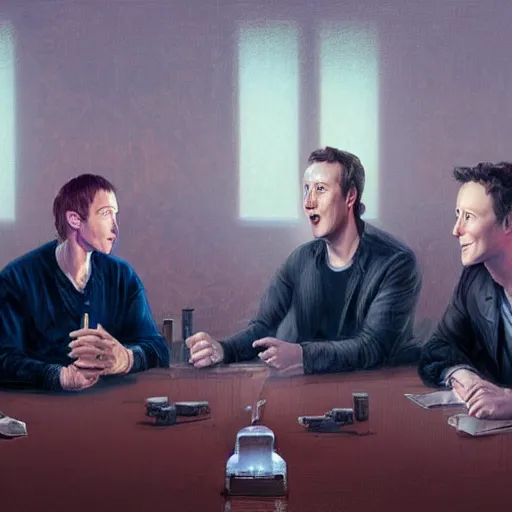 Image similar to portrait of elon musk, mark zuckerberg, jeff bezos, in meeting together, same table, very detailed, art contest winner on behance, trendy on deviant art, by by artgem, greg rutkowski, makoto shinkai