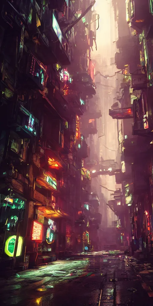 Prompt: cyberpunk alley by andreas franke, 8 k, raytracing, unreal engine 5,
