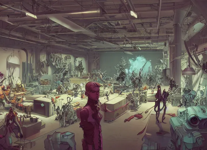 Image similar to large fancy showroom for designers, workshop. sharp focus, cinematic pose, cinematic lighting, unreal engine render. art by josan gonzales and moebius and deathburger.