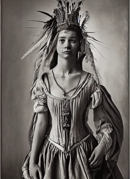 Prompt: portrait of young woman in renaissance dress and renaissance headdress, art by sebastiao salgado