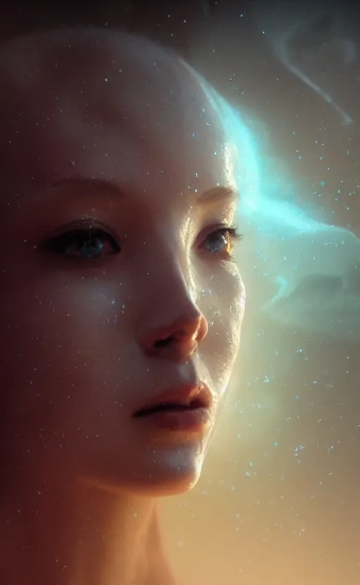 Prompt: extremely detailed cinematic movie still 3 0 7 7 portrait shot of a shining white goddess dancing at the cloud hyperreal skin face by denis villeneuve, wayne barlowe, simon birch, marc simonetti, philippe druillet, beeple, bright volumetric sunlight from above, rich moody colors, closeup, bokeh