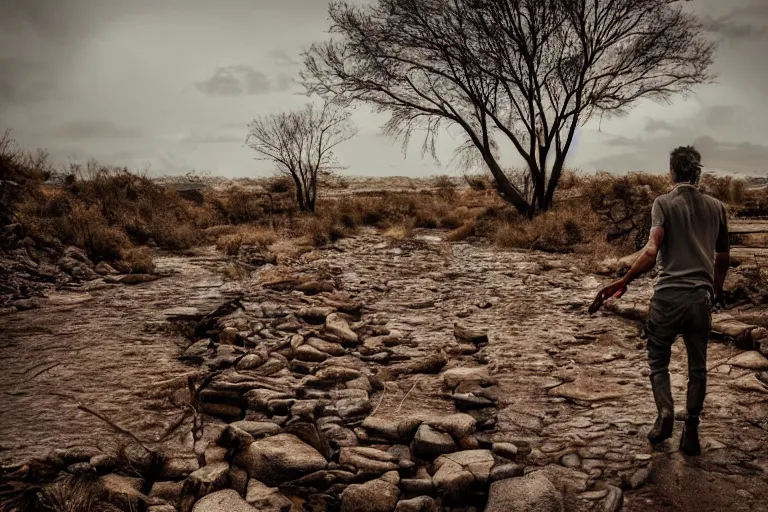 Image similar to photo of a man walking along a dry river bed with a rusty broken bridge, post apocalyptic, dystopian