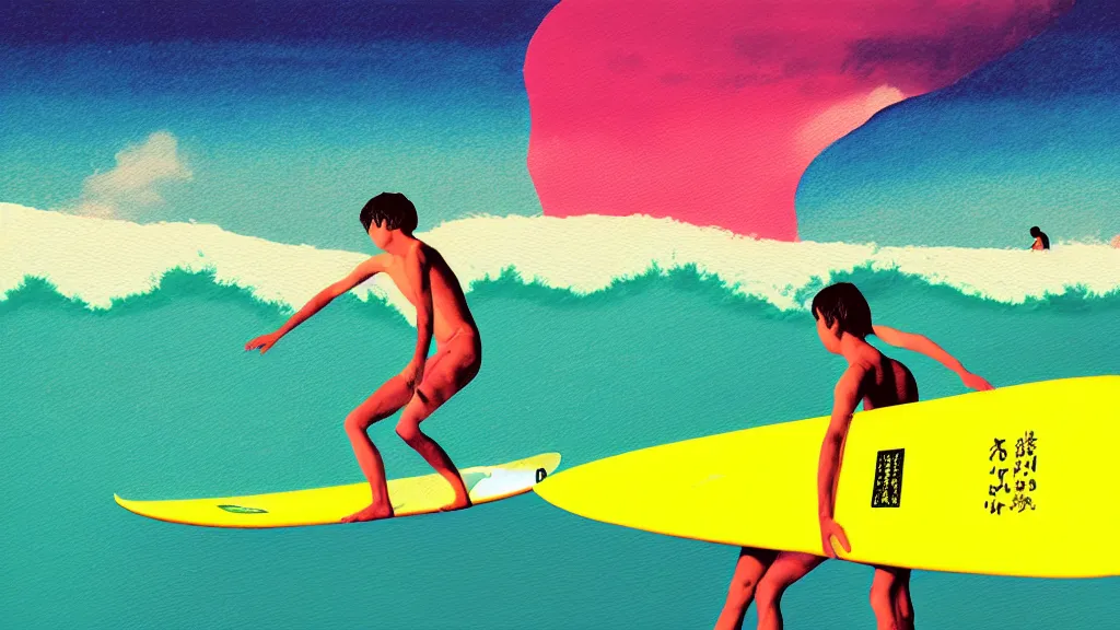 Prompt: surfing in miura, kanagawa japan, a collage painting, in the style of wes anderson, lola dupre, david hockney, isolated on negative white space background dark monochrome neon fluorescent spraypaint accents volumetric octane render