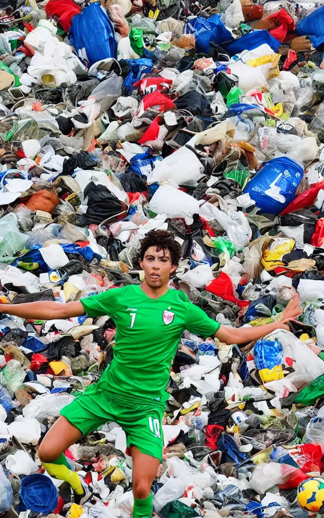 Image similar to poorly drawn soccer player surrounded by trash