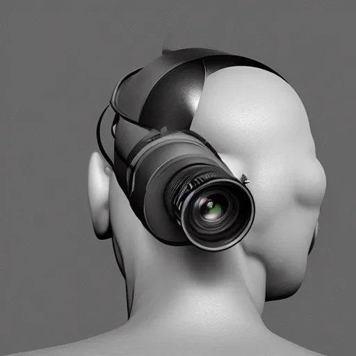 Prompt: a man with a camera attached to his head, a computer rendering by pascal blanche, featured on zbrush central, les automatistes, 8 k 3 d, dslr camera, rendered in cinema 4 d