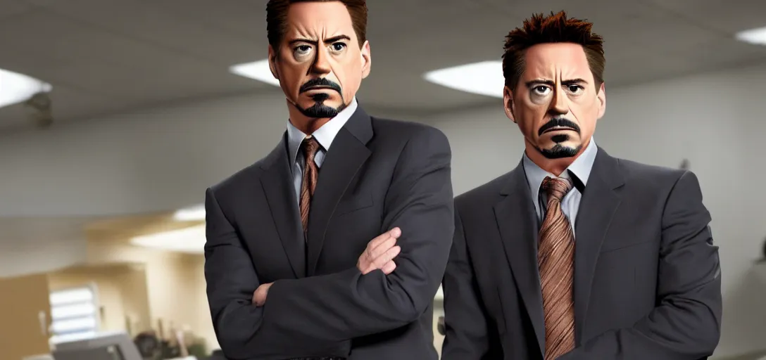 Image similar to a very high resolution image of tony stark. from an episode of the office with micheal scott. photorealistic, photography