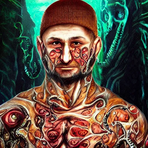 Image similar to ramzan kadyrov became bloody ugly lovecraftian degenerate abomination, photo - realistic, color image, 2 k, highly detailed, bodyhorror, occult art