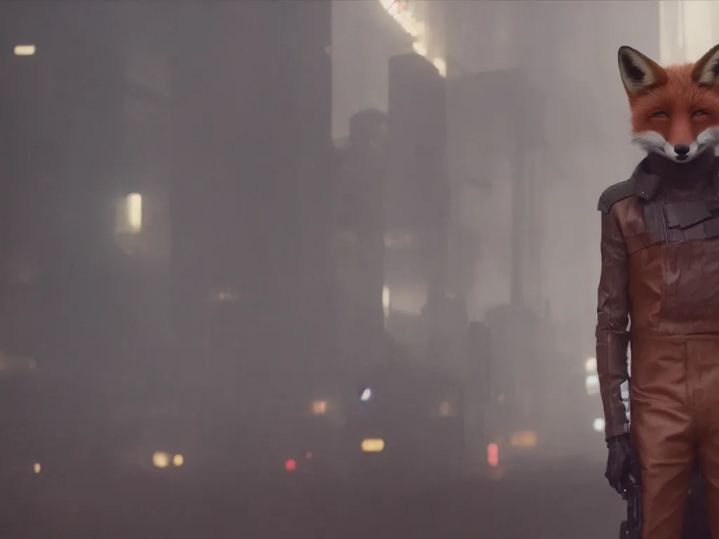 Image similar to anthro fox furry in Blade Runner: 2049, wearing a leather uniform, city streets, fursona, anthropomorphic, furry fandom, film still