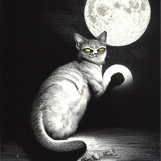 Image similar to a cat sleeping on the full moon, by gustave dore