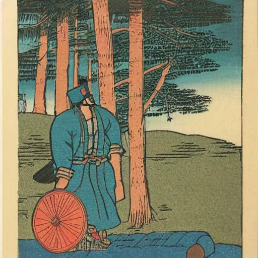 Prompt: late meiji period, colored woodblock print, paul bunyan