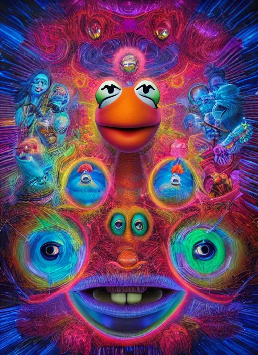 Image similar to muppet transcendence into collaborative intelligence, group intelligence, ai, by alex grey, album cover, award winning, beautiful, colorful, volumetric lighting, trending on artstation