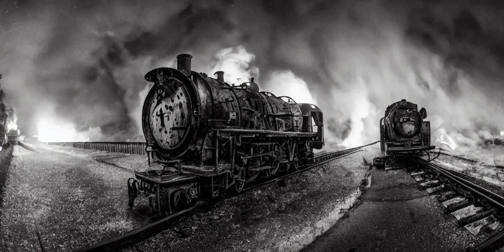 Image similar to fisheye lens slow motion with trail effect of blazing old train with steam locomotive, long exposure shot , at night in the middle of a rainy street, paddle of water, steam, fog, water splashes, rim lights, glossy reflections, water droplets on lens, octane render, dark and dramatic, explosions in the background, detailed and soft, fisheye lens, smooth, sharp focus, illustration, cyberpunk, sci-fi, fantasy, intricate, elegant, highly detailed, digital painting, artstation, concept art, smooth, sharp focus, illustration, art by Yintion J - Jiang Geping and artgerm and greg rutkowski and alphonse mucha