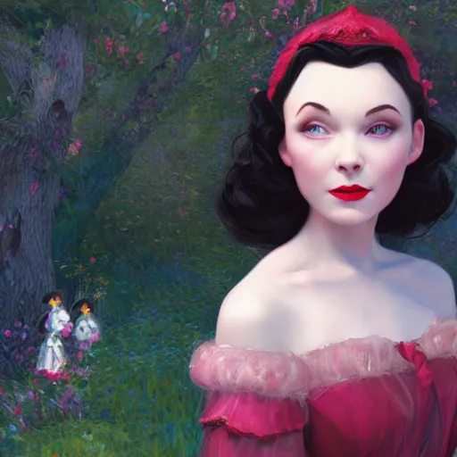 Image similar to vivien leigh as snow white, au naturel, hyper detailed, digital art, trending in artstation, cinematic lighting, studio quality, smooth render, unreal engine 5 rendered, octane rendered, art style by klimt and nixeu and ian sprigger and wlop and krenz cushart