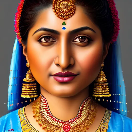 Prompt: highly detailed full body portrait of south asian brown happy woman in traditional wear, studio portrait, grey colored eyes, blue colored traditional wear, photo by jerry ghionis, hyper realistic, concept art, 8 k detail post - processing