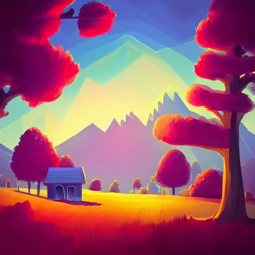 Prompt: dreamy landscape, colorful trees, little cottage, mountains, by Anton fadeev