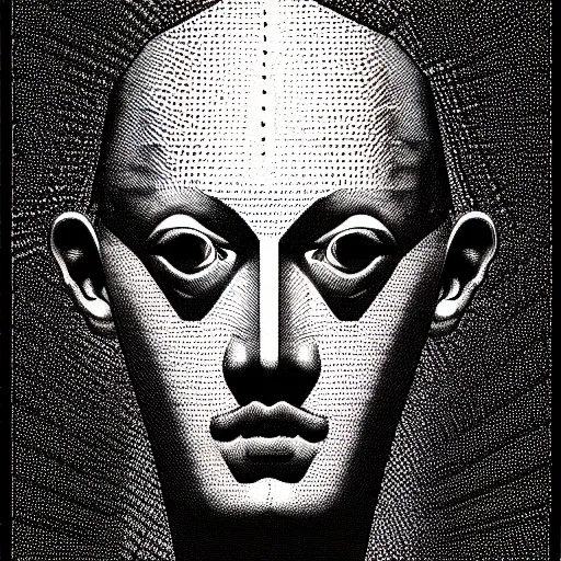 Prompt: grainy halftone effect super conceptual post - mortem monumental abstract portrait made by escher and william blake, highly conceptual figurative art, intricate detailed illustration, illustration sharp geometrical detail, vector sharp graphic, controversial, manga 1 9 9 0