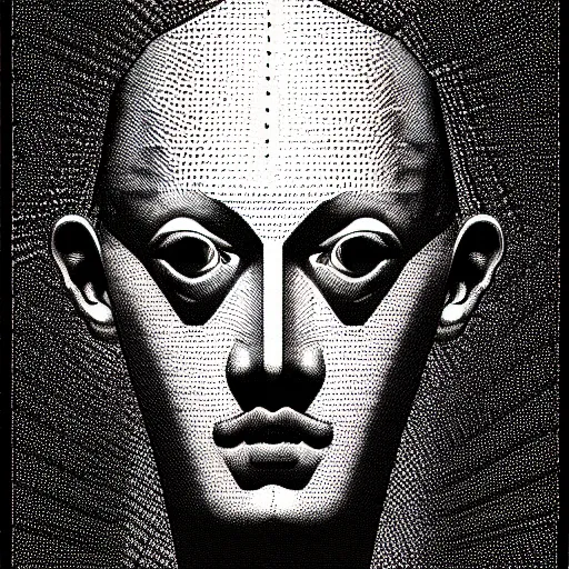 Image similar to grainy halftone effect super conceptual post - mortem monumental abstract portrait made by escher and william blake, highly conceptual figurative art, intricate detailed illustration, illustration sharp geometrical detail, vector sharp graphic, controversial, manga 1 9 9 0