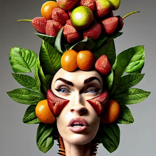 Prompt: megan fox vegan editorial by malczewski, character sculpture by arcimboldo, stil frame from'cloudy with a chance of meatballs 2'( 2 0 1 3 ) of fruit dryad, fruit hybrid megan fox editorial by alexander mcqueen and arcimboldo