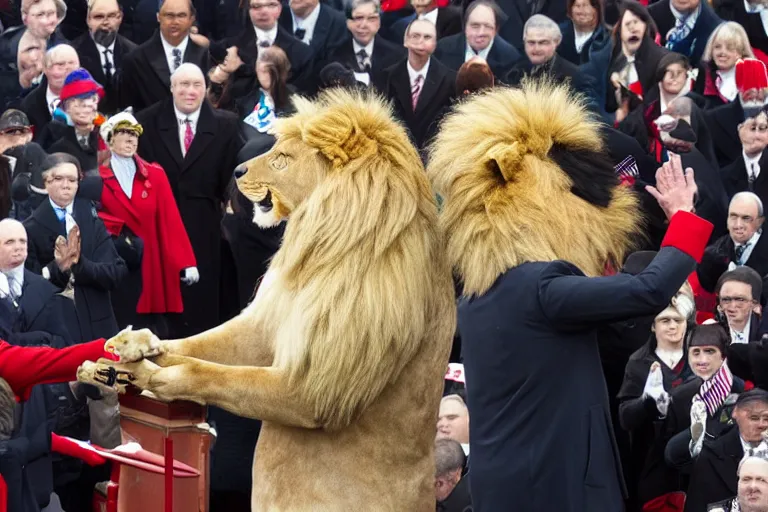 Image similar to photo of the usa presidential inauguration, a lion fursuiter being inaugurated as president