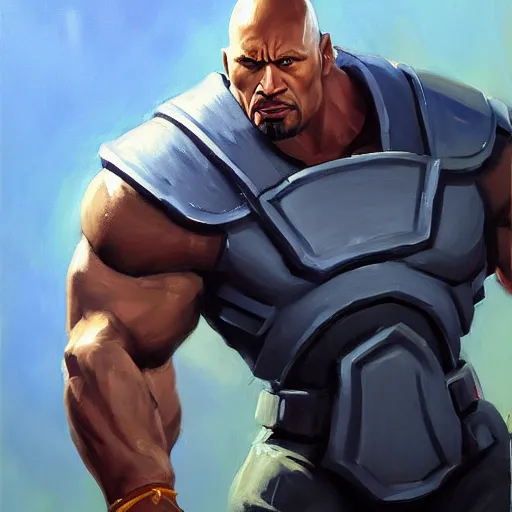 Image similar to greg manchess portrait painting of fierce partially armored foundation aka dwayne the rock johnson from fortnite as overwatch character, medium shot, asymmetrical, profile picture, organic painting, sunny day, matte painting, bold shapes, hard edges, street art, trending on artstation, by huang guangjian, gil elvgren, ruan jia, greg rutkowski, gaston bussiere