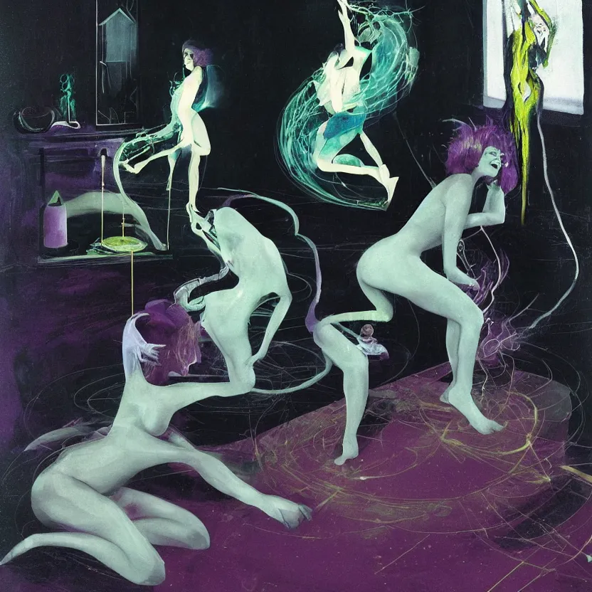 Image similar to Woman sirene start to bounce in a living room of a house, floating dark energy surrounds the middle of the room. There is one living room plant to the side of the room, surrounded by a background of dark cyber mystic alchemical transmutation heavenless realm, cover artwork by francis bacon and Jenny seville, midnight hour, part by adrian ghenie, part by jeffrey smith, part by josan gonzales, part by norman rockwell, part by phil hale, part by kim dorland, artstation, highly detailed