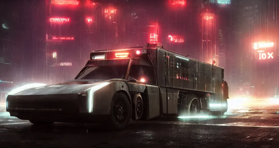 Image similar to closeup photo of combat tesla cybertruck flying over wet dystopian cyberpunk city streets at night, mad max, action, speed, volumetric lighting, hdr, need for speed, gta 5, forza, ridley scott, makoto shinkai, syd mead, craig mullins, cinematic, fast and furious, blade runner, octane, 8 k, iso 1 0 0, 1 2 mm