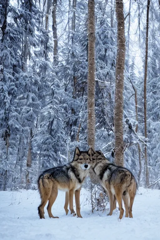 Prompt: wolves in forest winter