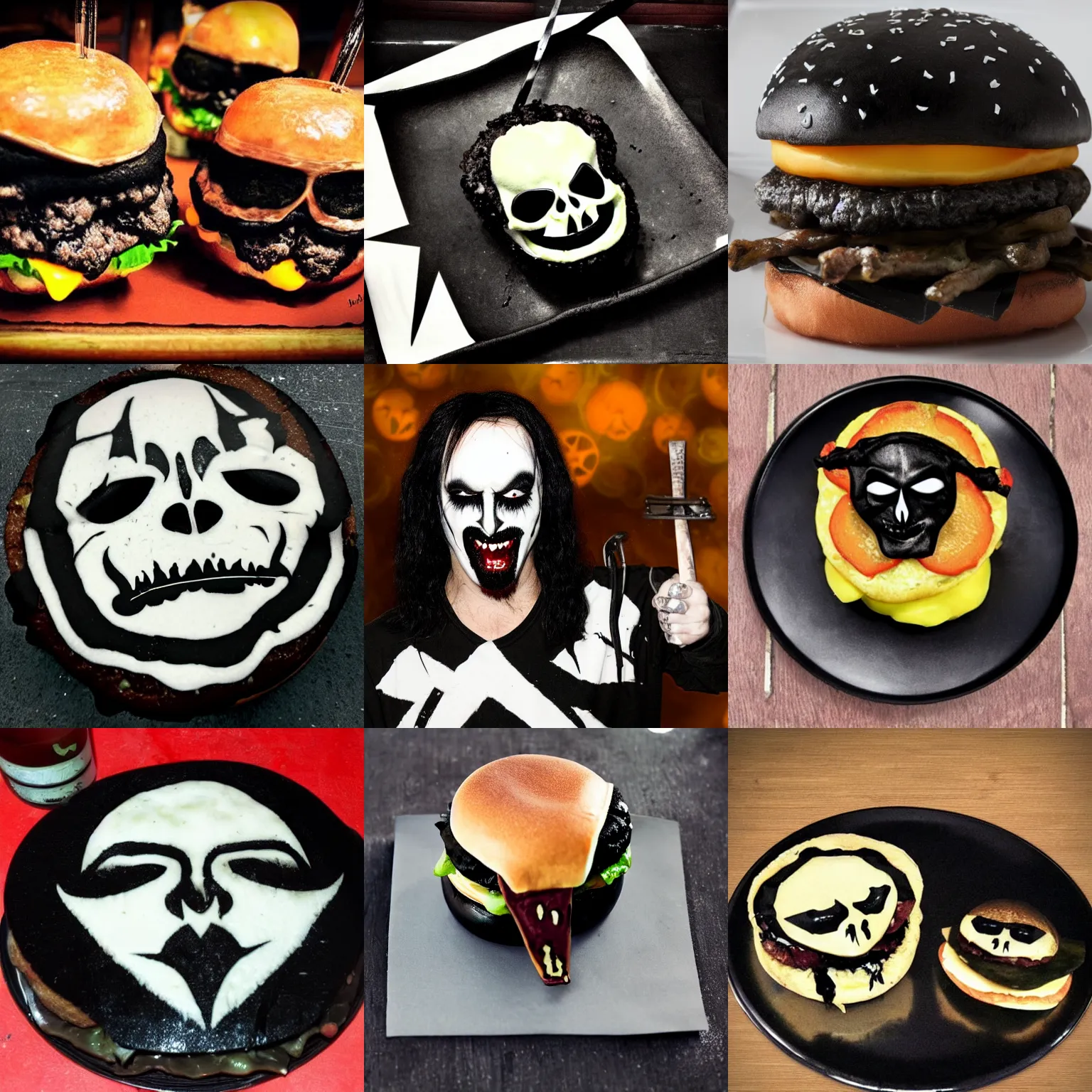 Prompt: black metal cheeseburger with corpse paint