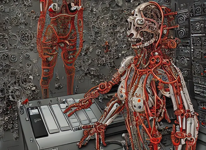 Image similar to cyborg in the data center, wired to the equipment and typing on the keyboard, red biomechanical details, wearing epic bionic cyborg implants, inflateble shapes, masterpiece, intricate, biopunk, highly detailed, artstation, concept art by frank miller geof darrow mike mignola, 8 k