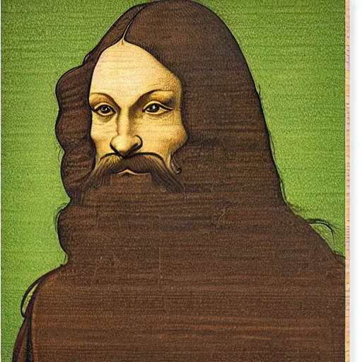 Prompt: portrait of leonardo da vinci in simple green background in the style of japanese cartoon and japanese wood print