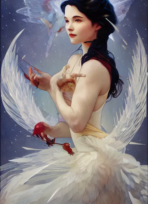 Prompt: portrait of snow white, birds, white spike aura in motion, floating pieces, painted art by tsuyoshi nagano, greg rutkowski, artgerm, alphonse mucha, spike painting