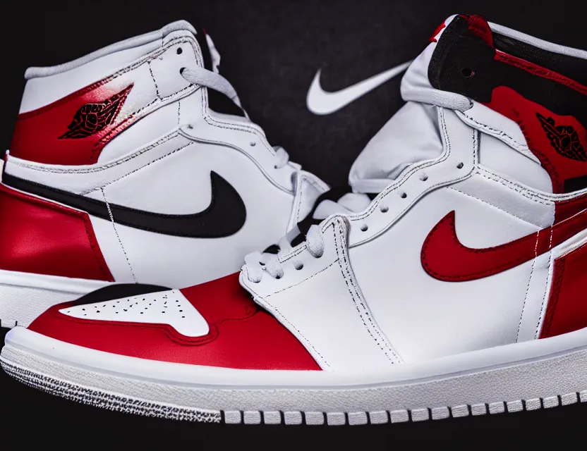 Image similar to a press photograph of nike jordan 1 red white and black, size 1 0, white background