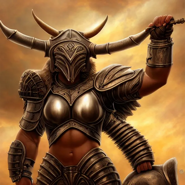 Image similar to armoured minotaur warrior artgerm anne stokes highly detailed 8 k hdr smooth sharp focus high resolution award - winning photo photorealistic