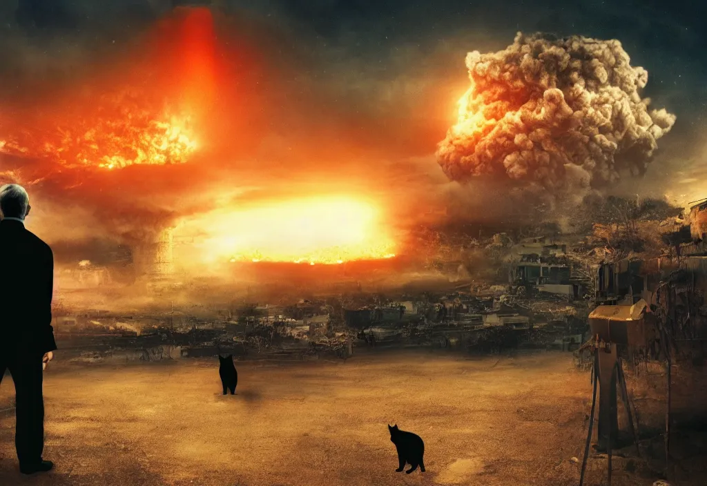 Image similar to old man with ( black cat ) watching nuke explosion cinematic, background blur bokeh, world ending nuke, 4 k