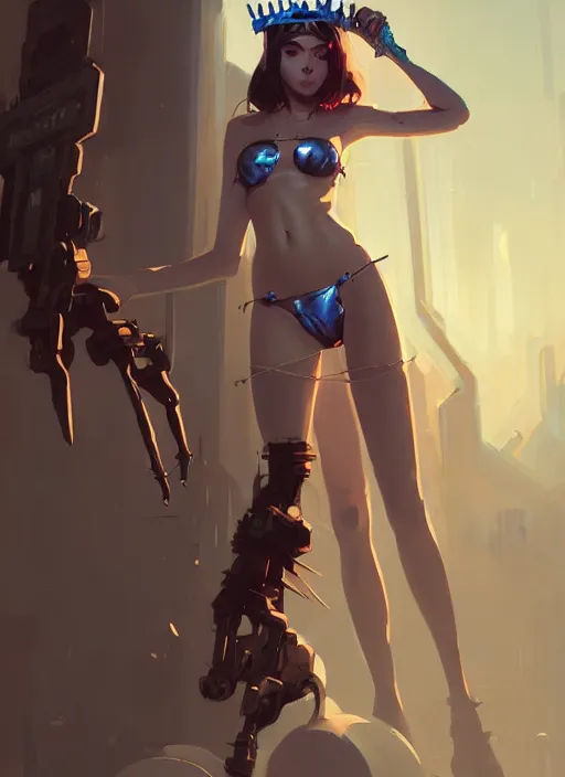 Image similar to portrait of cute maiden girl with crown of thorns in cyber bikini armor, warhammer, cyberpunk, by atey ghailan, by greg rutkowski, by greg tocchini, by james gilleard, by joe fenton, by kaethe butcher, dynamic lighting, gradient light blue, brown, blonde cream and white color in scheme, grunge aesthetic